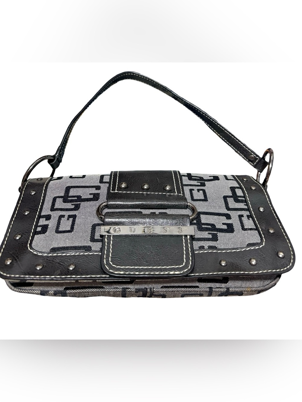 Vintage‎ Guess Y2K Monogram Jacquard Studded Shoulder Bag Black Grey Purse